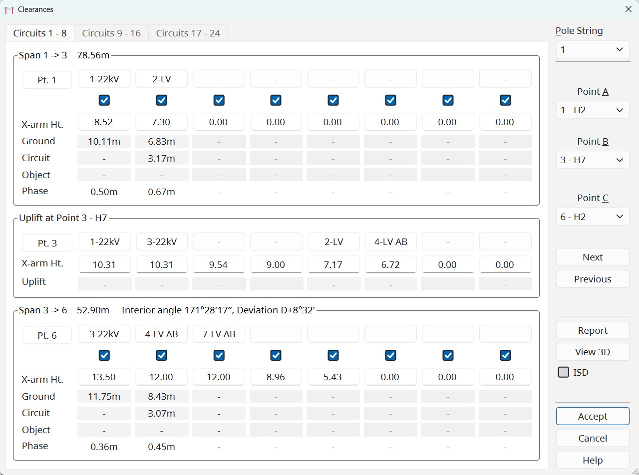 Clearances Check, span by span, with ground, circuit and phase clearances