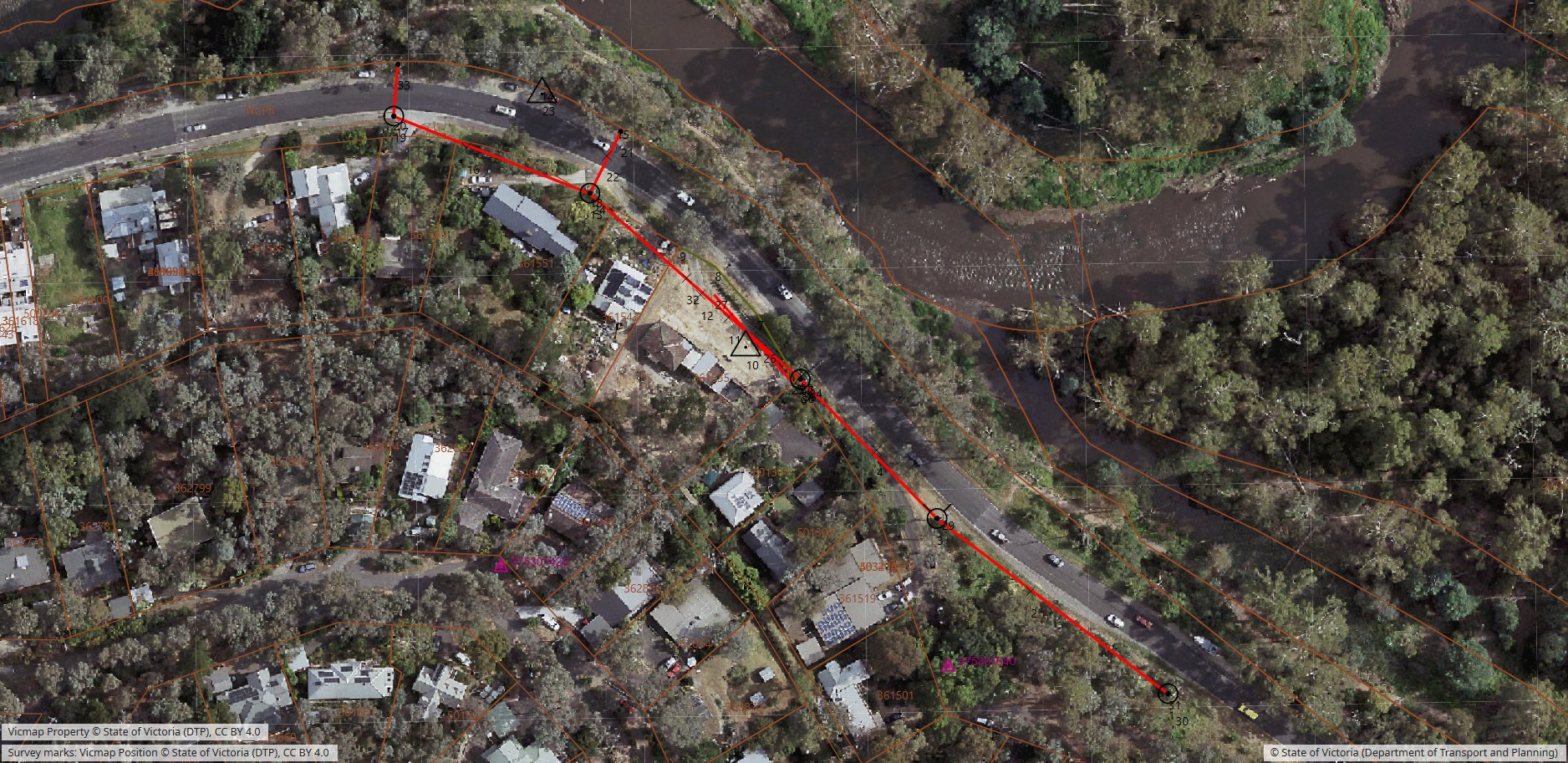 nPoles plan view: a pole line on Victorian aerial imagery with property boundaries and survey marks