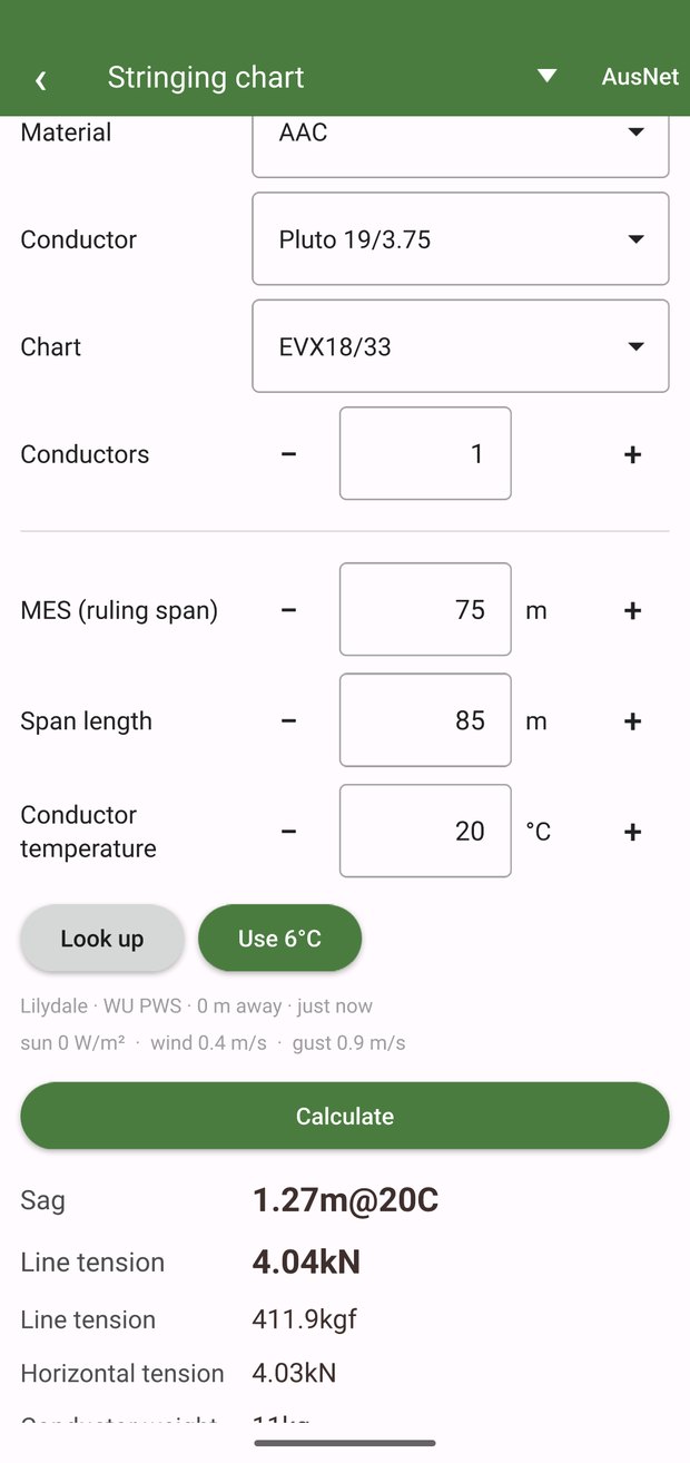 nPoles Tiny working a stringing chart: sag and tension for an 85 m span